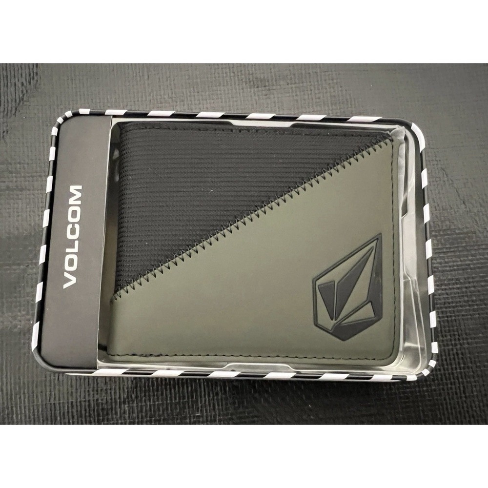 VOLCOM STONE Men Wallet Bi-Fold Black & Olive Surf Skate Metal Gift Box Case NEW